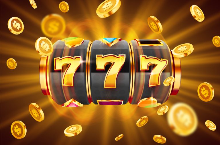 Golden slot machine wins the jackpot. 777 Big win concept. Casino jackpot